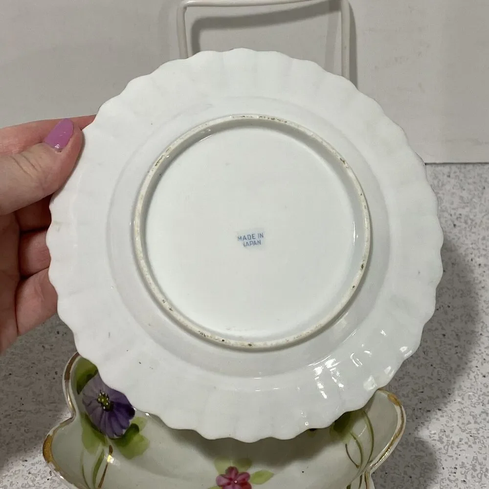 Mayonnaise Bowl & Drip Dish Set Porcelain Hand Painted Pink Purple Flowers Japan